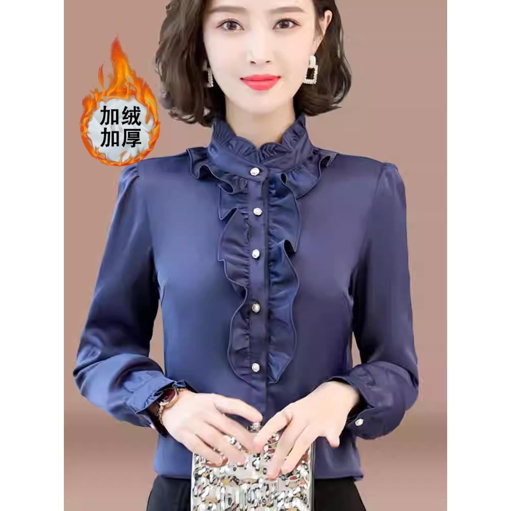 雪纺衬衫女长袖秋冬2025新款洋气显瘦加绒休闲立领衬衣打底衫上衣