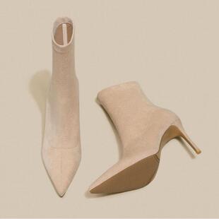 Cozyroom法国麂皮高跟弹性长靴短靴女式短袜长靴秋冬百搭细高跟尖