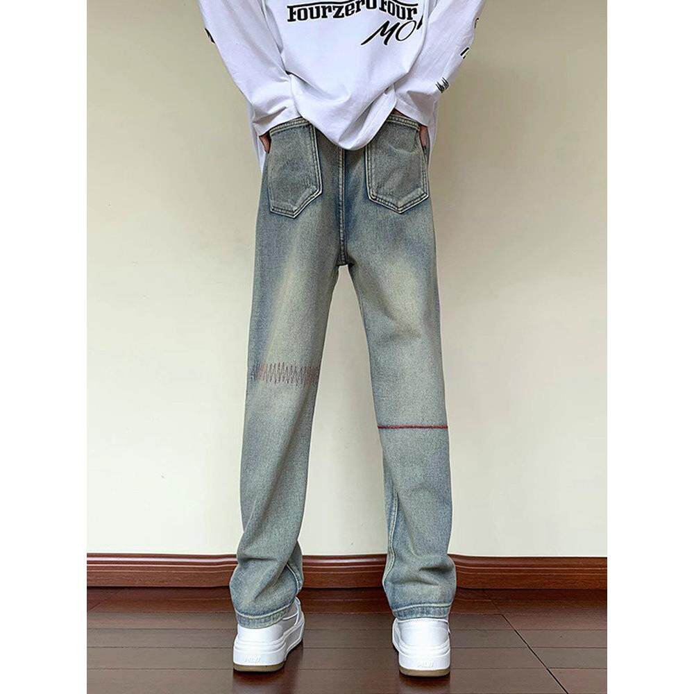 直筒牛仔裤男潮牌春秋季宽松痞帅水洗刺绣微喇裤美式vibe高街裤子