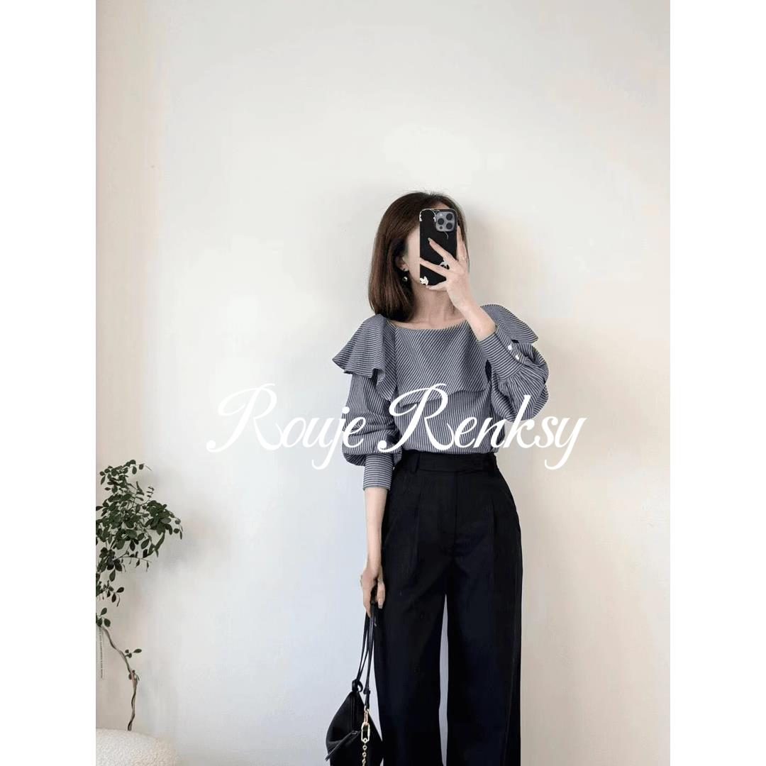 法国rouje renksy法式减龄条纹荷叶领宽松小众衬衫女春高腰阔腿裤