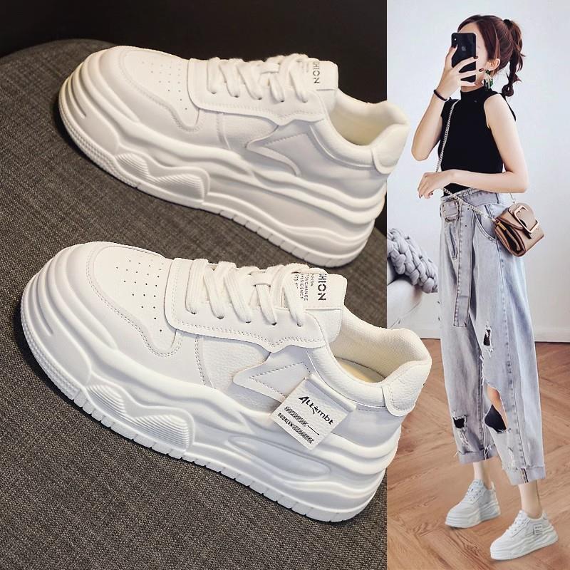 香港真皮松糕厚底小白鞋女2025新款爆款秋季百搭增高运动休闲 板