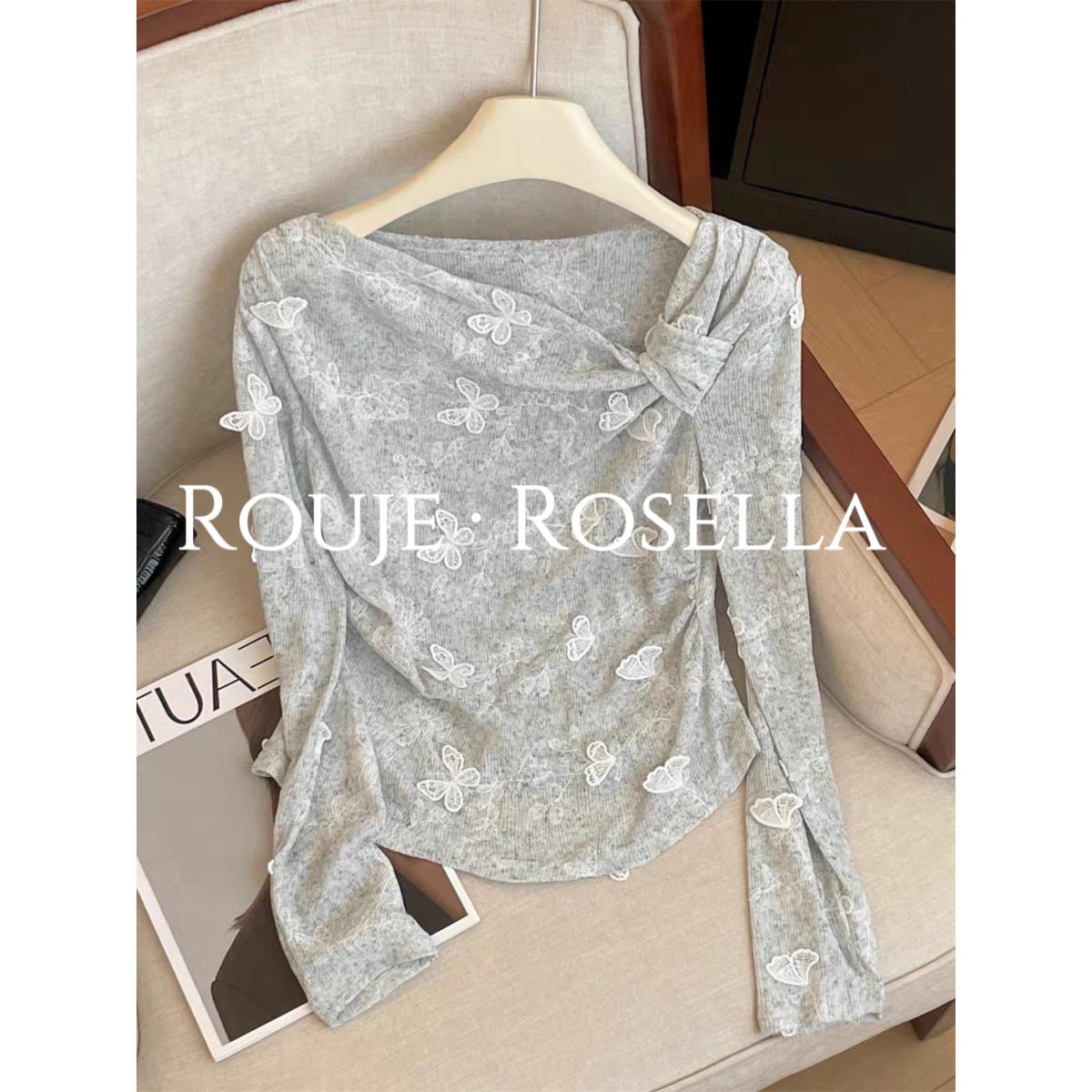 法国Rouje Rosella⭐立体蝴蝶唯美蕾丝长袖女秋薄款斜肩显瘦上衣