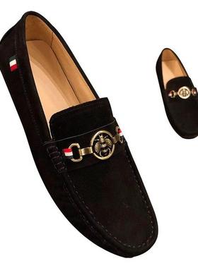 VAN WALLY夏季黑色小蜜蜂磨砂反绒皮豆豆鞋男潮流一脚蹬休闲皮鞋