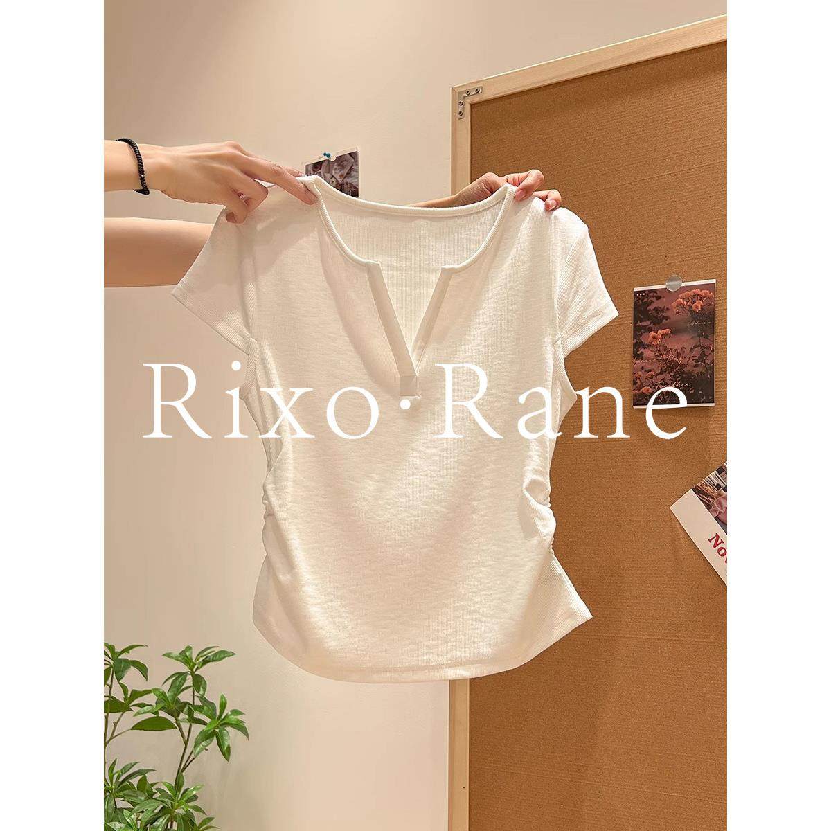 法国Rixo Rane 纯欲白色正肩短袖t恤女小飞袖褶皱收腰显瘦v领上衣,女装/女士精品,大码内搭,淘宝优惠券,粉丝福利购,淘宝优惠卷