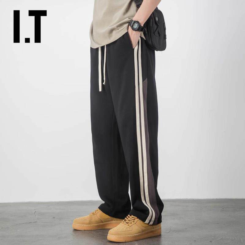 香港潮牌直筒宽松侧边条纹卫裤男新款美式高街纯棉运动休闲长裤子