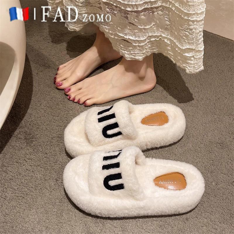 法国Fad Zomo毛毛拖鞋女外穿2025秋冬松糕厚底加绒刺绣一字棉拖鞋