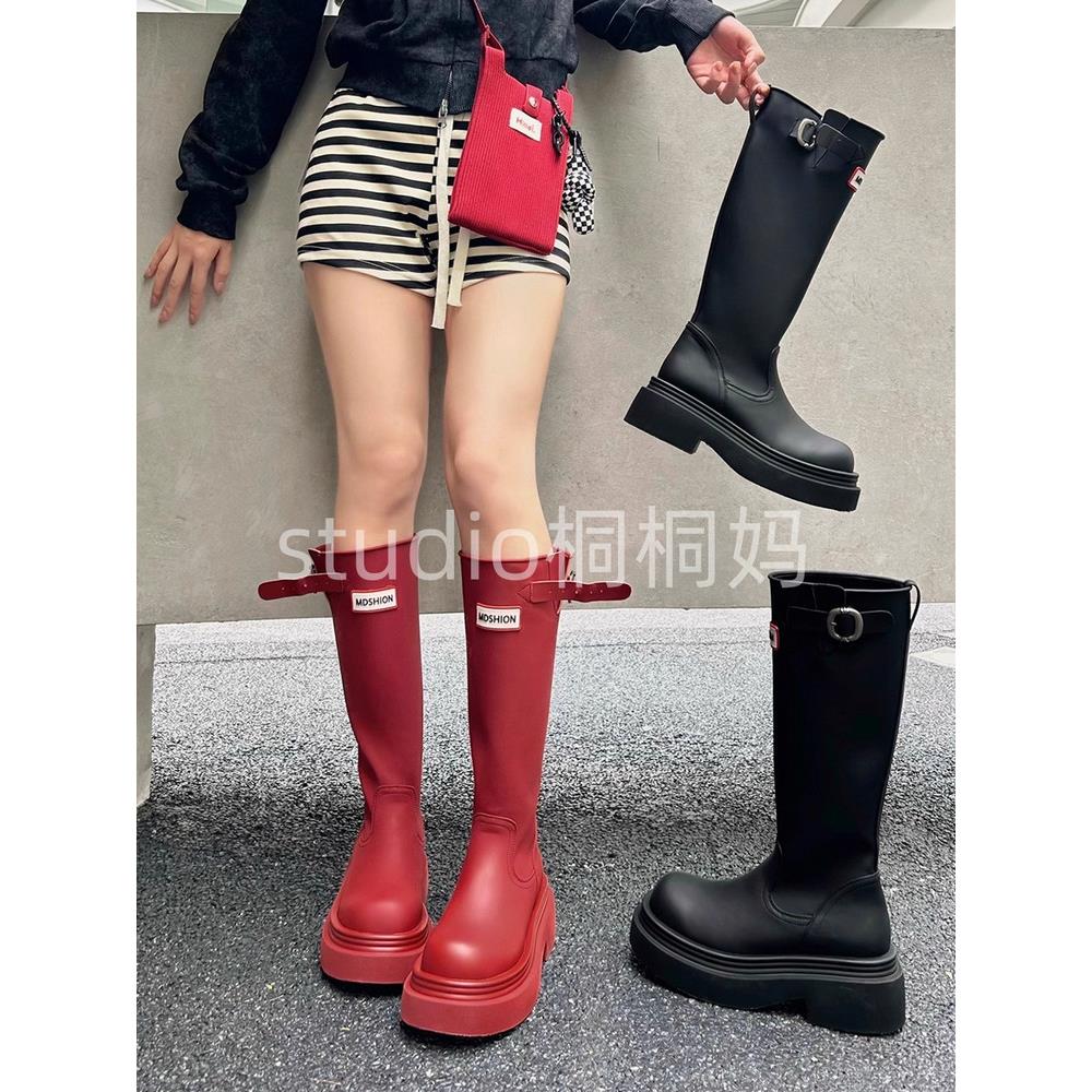 香港真皮厚底红色雨靴女秋冬2025新款雨鞋防滑不过膝高筒骑士长靴