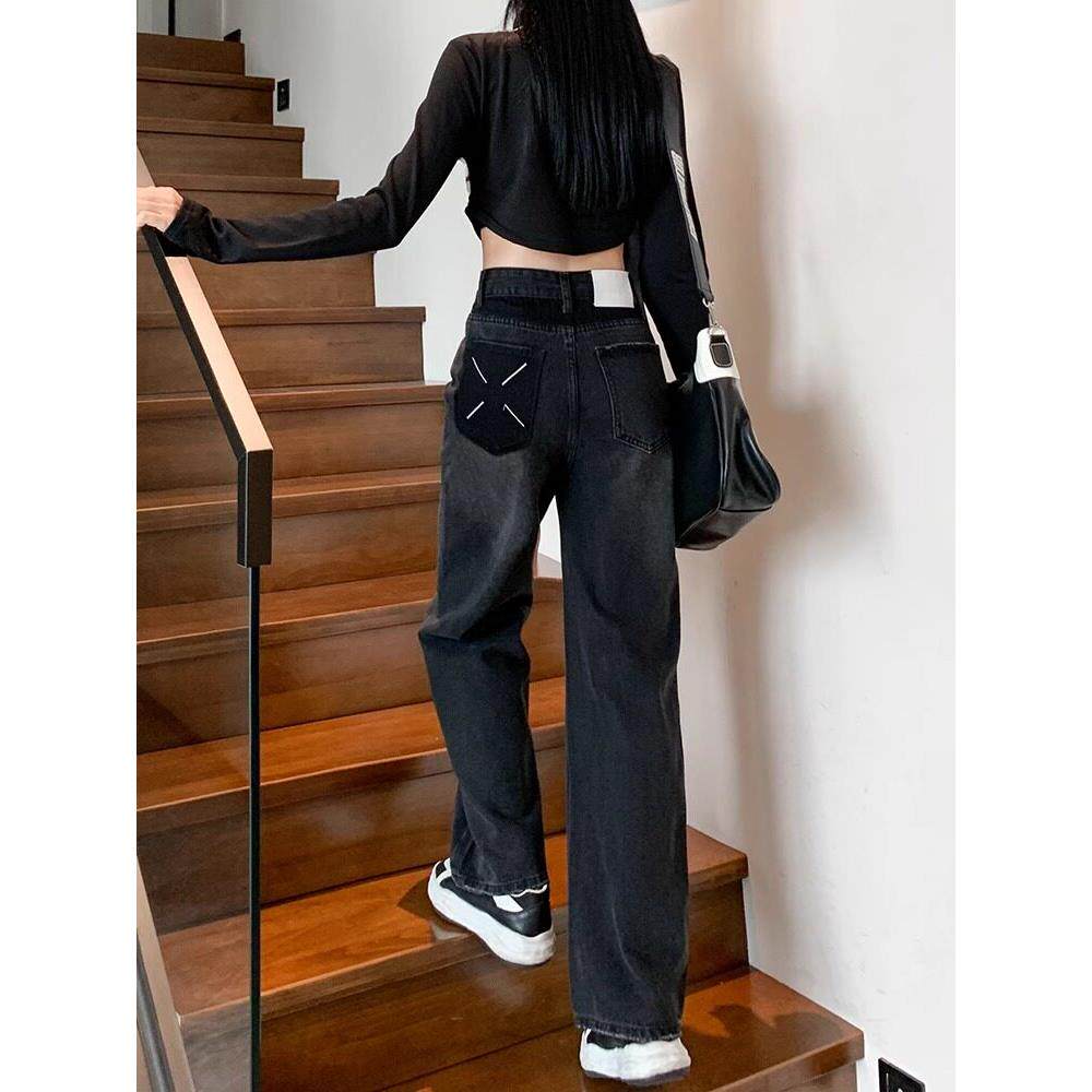 黑色和灰色阔腿女牛仔裤2025春秋季新的高腰修身和宽松的直筒裤为