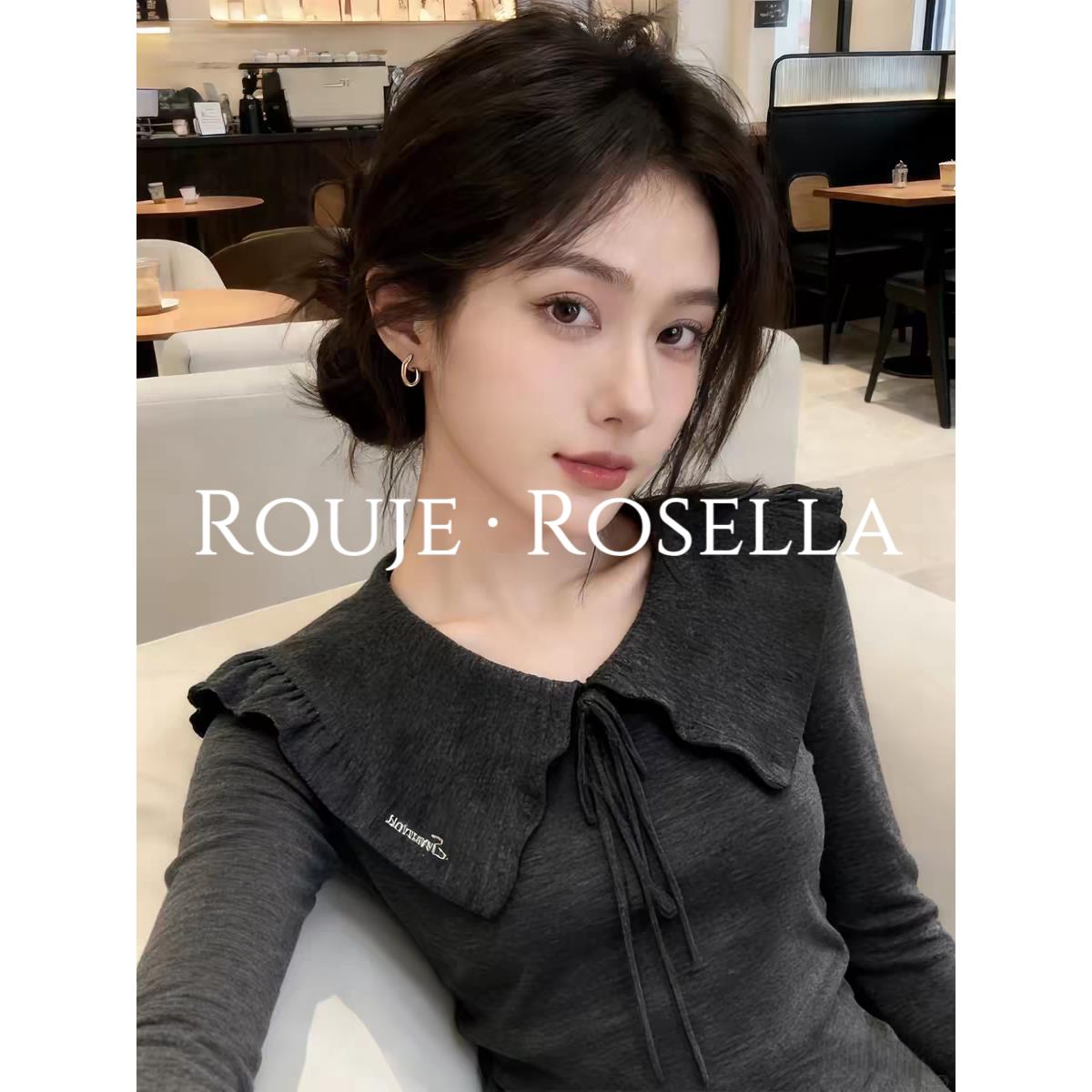 法国Rouje Rosella颜值满满灰色v型翻领蝴蝶结针织女春气质上衣