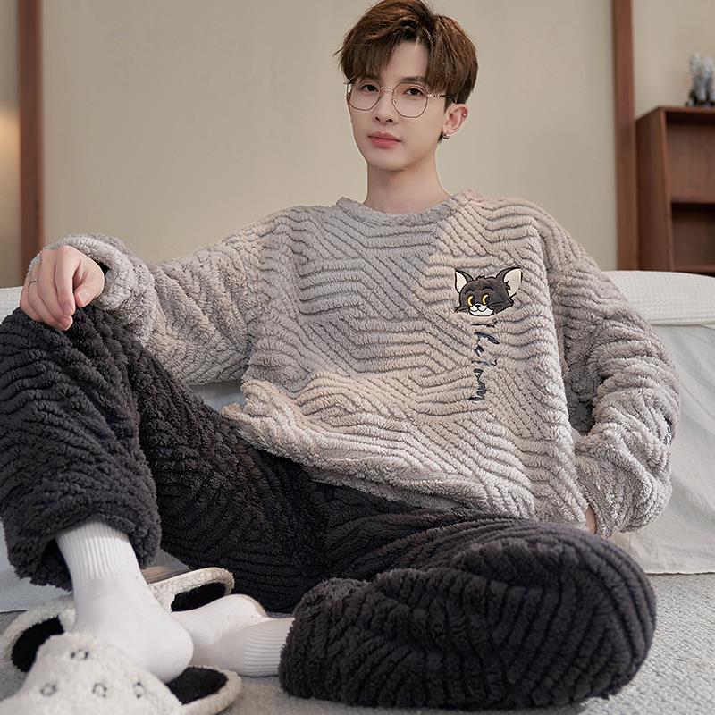 睡衣男款珊瑚绒秋冬季加厚保暖青少年大码童法兰绒家居服套装冬季