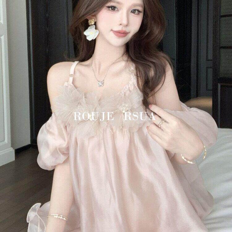 ROUJE RSUA法式温柔风露肩雪纺衫吊带独特立体花朵中长款绝美上衣