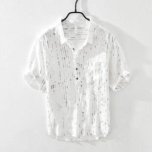 潮流个性 薄款 透气全麻寸衫 衬衣 碎花五分袖 男短袖 纯亚麻衬衫 夏季