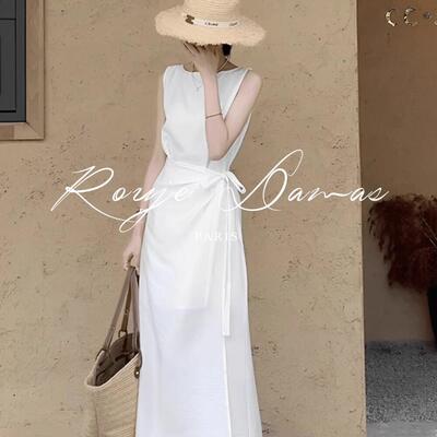 Rouje Damas茶歇法式白色连衣裙女高级感气质收腰无袖背心长裙子
