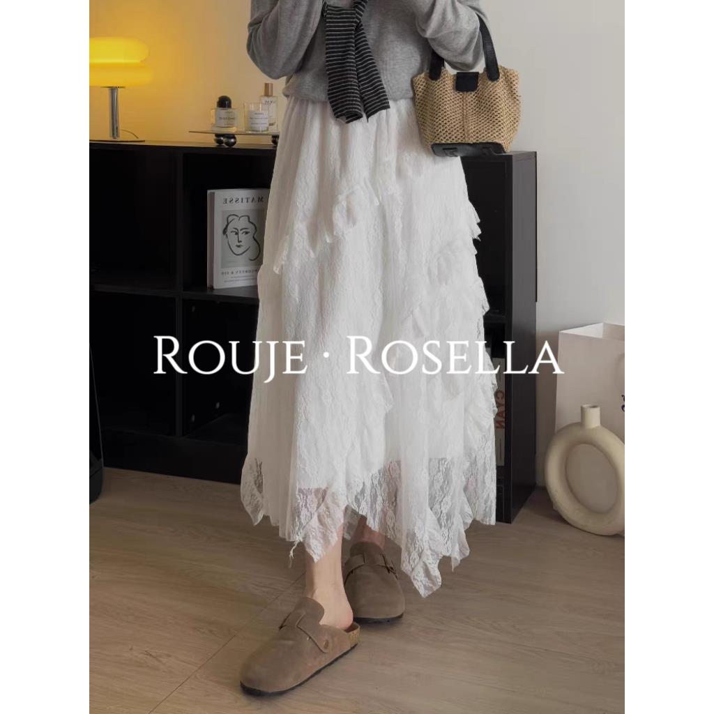 法国Rouje Rosella⭐白色不规则蕾丝花边蛋糕裙女秋冬小个子纱裙