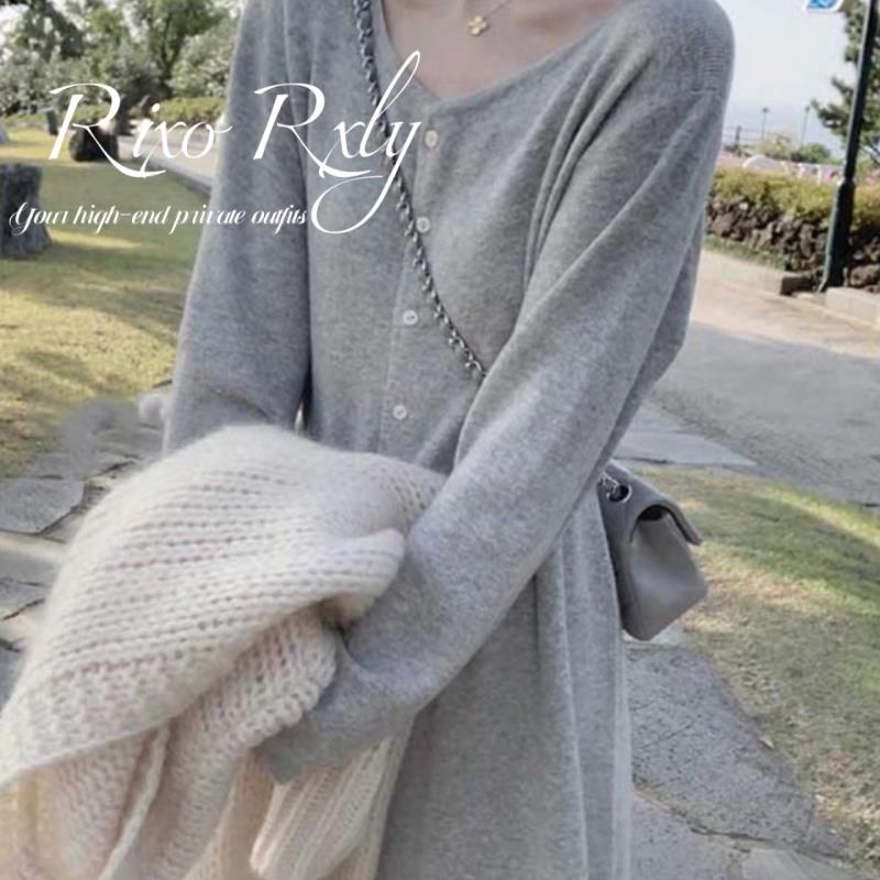 RIXO RXLY法式蕾丝中长款针织连衣裙女秋冬过膝打底慵懒风毛衣裙