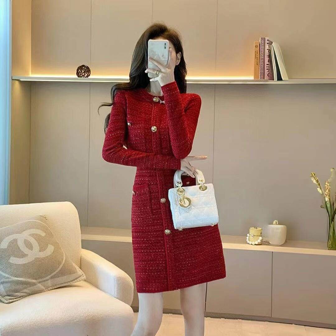 欧洲站新款时尚名媛赴宴约会红色小礼服女气质小香风打底连衣裙女,女装/女士精品,连衣裙,淘宝优惠券,粉丝福利购,淘宝优惠卷