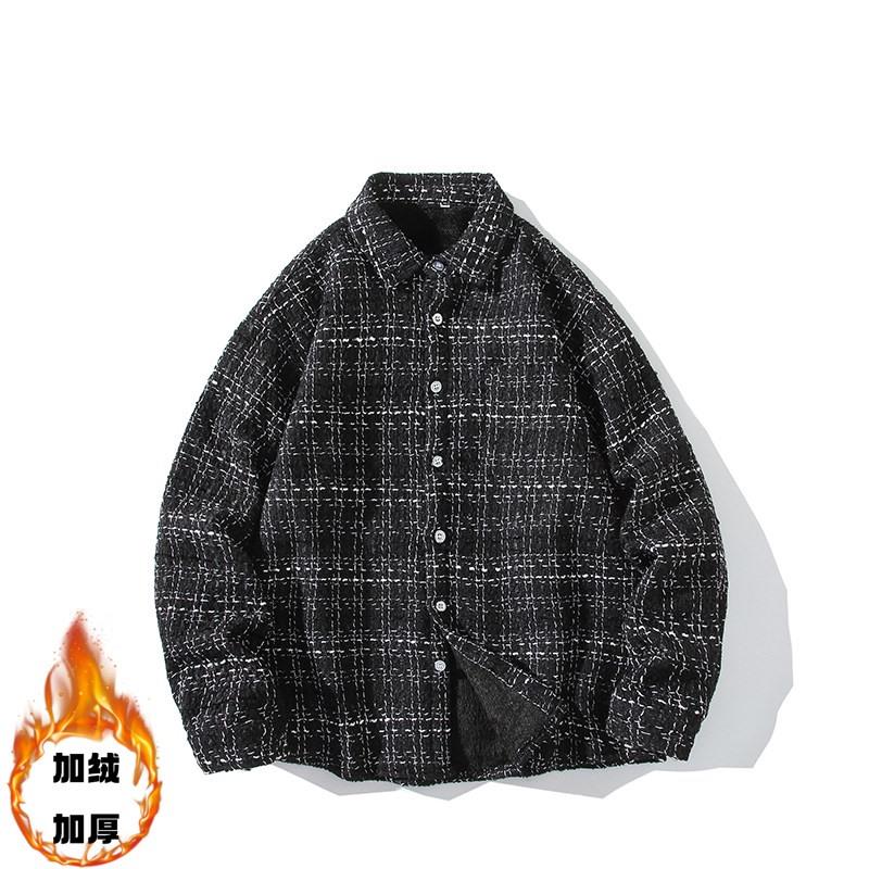小香风衬衫男长袖秋冬季宽松大码休闲格子衬衣羊羔绒加绒加厚外套