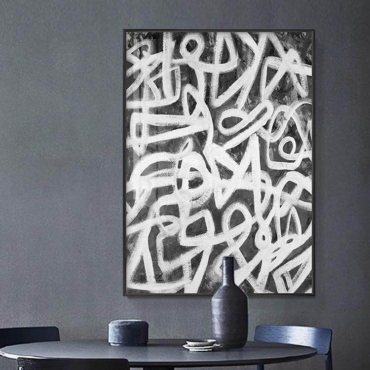 现代简约餐厅装饰画抽象线条艺术黑白灰工业风壁画客厅背后大画