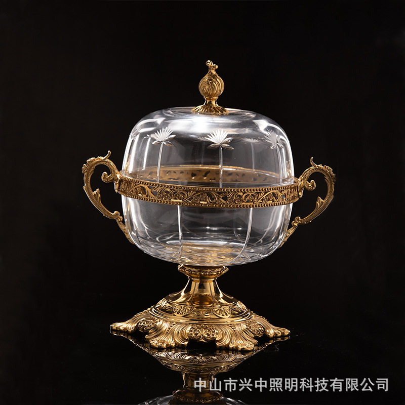 美式高档奢华样板房别墅水晶镶铜水果盘 欧式古典软装客厅摆件