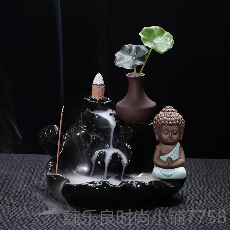 高档宇陶轩 茶宠摆件新款流香倒炉创居意菩提树下荷塘小和尚瓷家图片