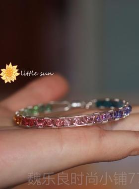 高档渐太阳原创 14K包金奥利地水晶变糖果色彩925纯银超闪手镯女i