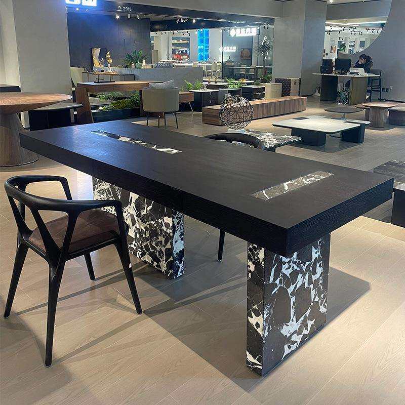 现代简约设计师款网红实木茶桌黑白花大理石创意艺术茶台餐桌书桌