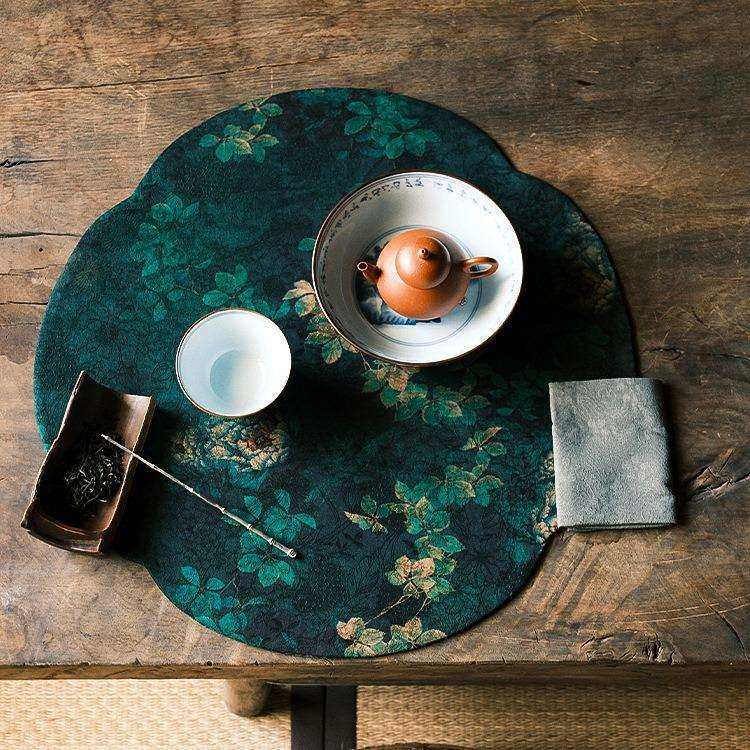 慢蓝海棠香云纱茶席 复古禅意真丝手工茶垫茶席41*41cm