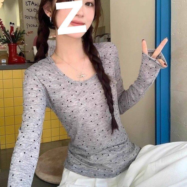 灰色u领简约波点长袖t恤女夏修身内搭打底衫透视防晒罩衫上衣潮流,女装/女士精品,大码内搭,淘宝优惠券,粉丝福利购,淘宝优惠卷