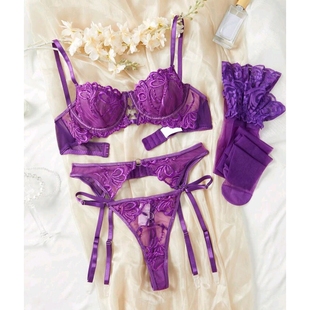 亚马逊情趣女装2025新款网纱刺绣性感内衣吊袜带网袜四件套带钢圈