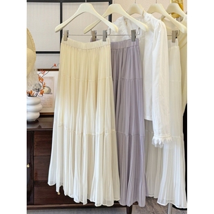 雨雾紫藤压褶半身裙春夏宽松大裙摆a字长裙气质显瘦雪纺蛋糕裙子
