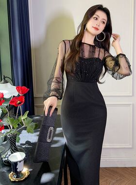 小众晚礼服裙2025秋装新款女时尚性感网纱拼接包臀连衣裙20876