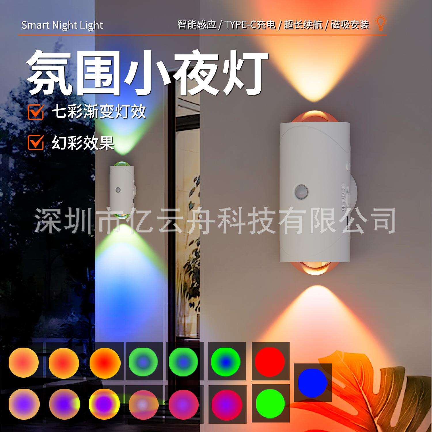 跨境七彩渐变氛围小夜灯智能人体感应磁吸充电式幻彩墙壁灯家居灯