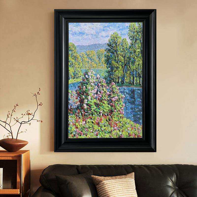 法式乡村风景手绘油画森林流水玫瑰花丛装饰画客厅挂画玄关肌理画