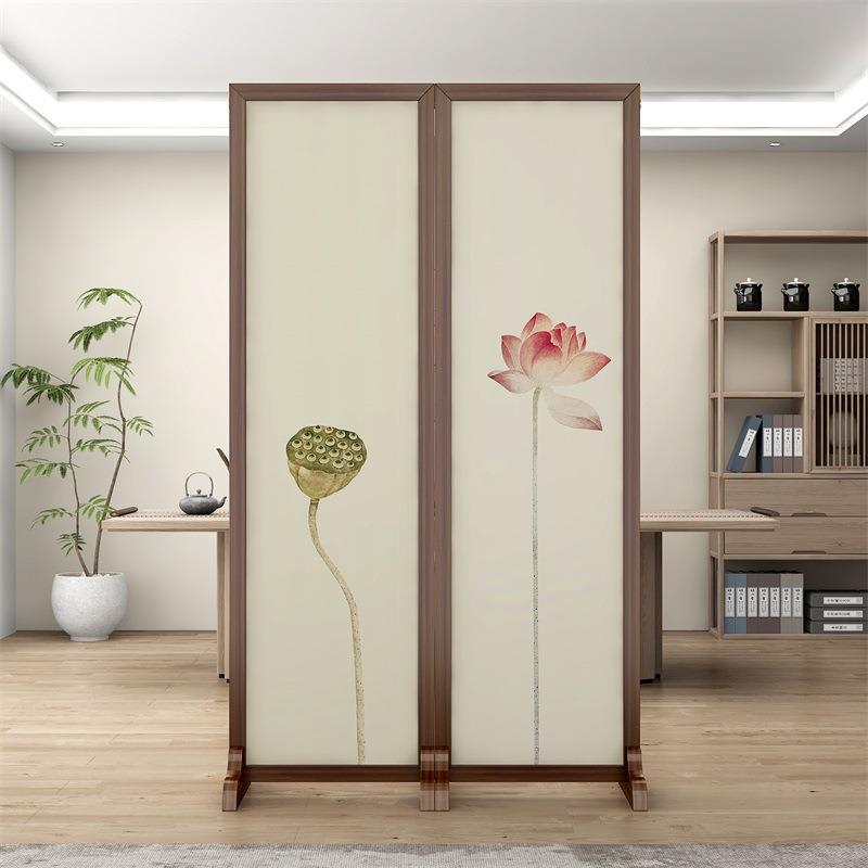 新中式入户屏风隔断客厅玄关现代简约办公室双面简易实木纱画座屏