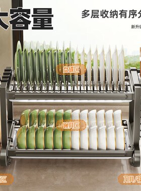 碗碟收纳架沥水架厨房置物架w碗架碗筷碗盘家用不锈钢多功能收纳