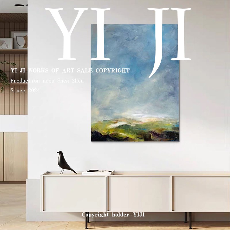 YJ.ART原创手绘《q云影翠峦》现代简约餐厅抽象装饰画高级风景油