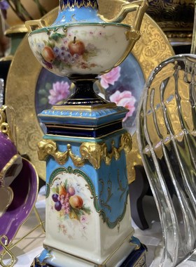 法式洛可可i风全手绘天蓝色釉陶瓷摆件