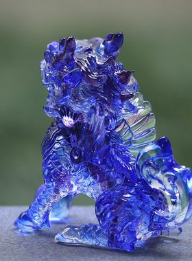 琉璃蓝色麒麟一对风水摆件居客厅商铺前台装Q饰摆放开业中式送礼