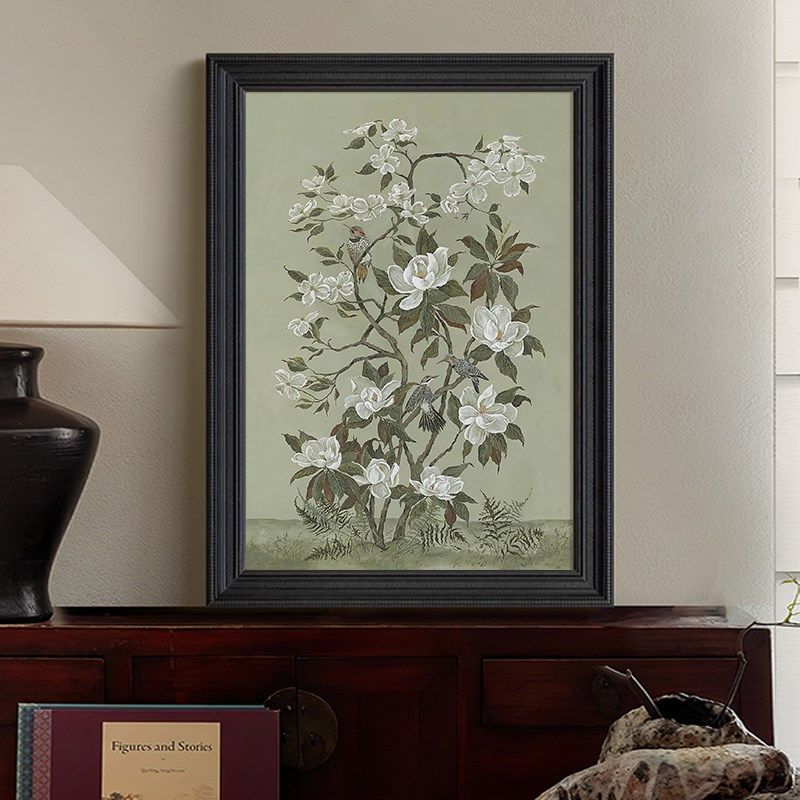 绿色复古植物花卉中古风r客厅玄关装饰挂画飞鸟法式艺术纯手绘油