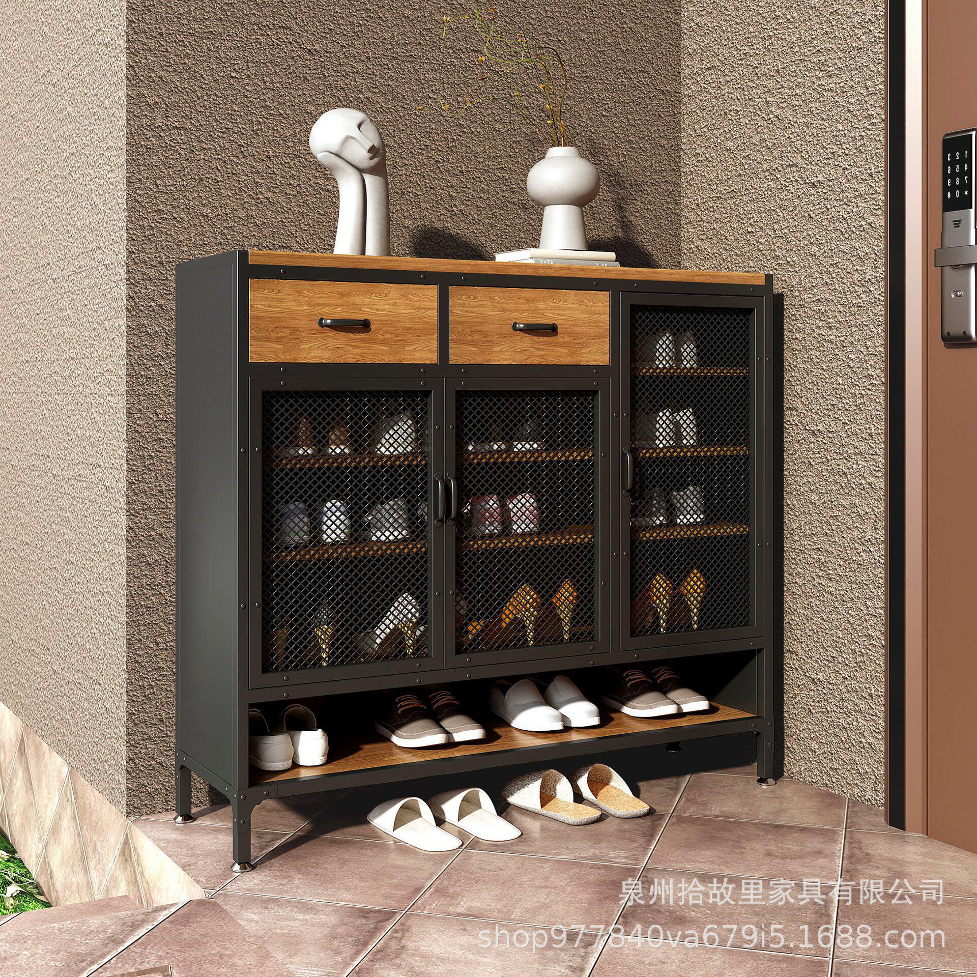 美式多层实木换鞋柜家用工业风铁艺多层置物隔层储物鞋柜带抽屉