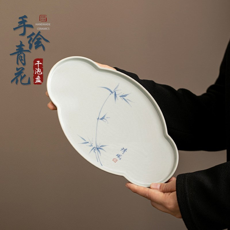陶瓷手绘竹子茶盘小型一壶二杯茶托盘中式复古干泡小茶台茶壶壶垫