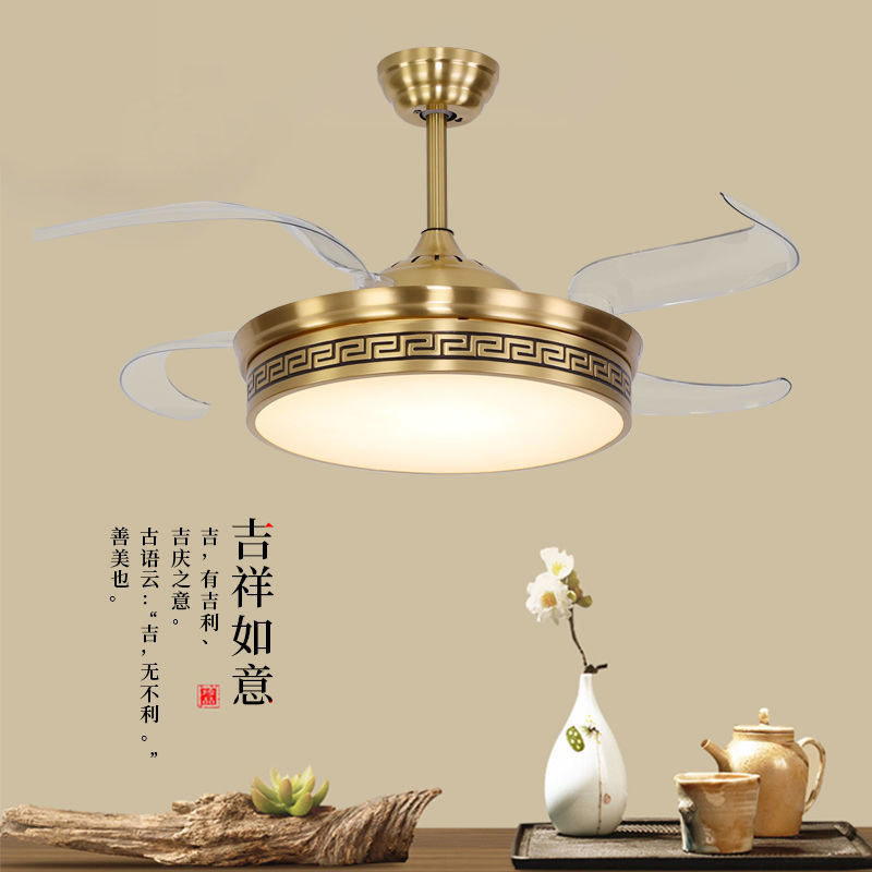 新中式全铜隐形吊扇灯装饰风扇带电扇灯客厅餐厅变频电扇风扇吊灯
