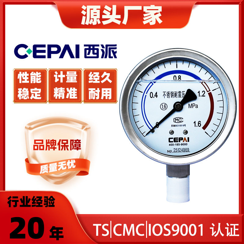 CEPAI/西派不锈钢耐震压力表真空螺纹YN-100指针压力表水压气压