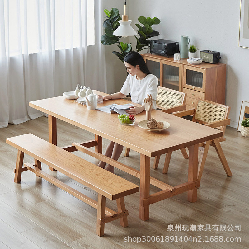 现代简约实木餐桌客厅原木长方形饭桌带椅子家用白蜡木餐桌椅组合