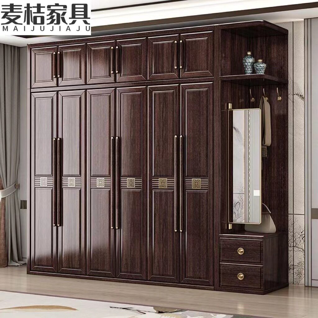 新中式紫金檀木实木衣柜家用卧室带镜子抽屉现代简约储物收纳衣柜