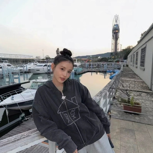 林小宅同款高品质火柴人小房子印花连帽外套卫衣韩系设计感帽衫女