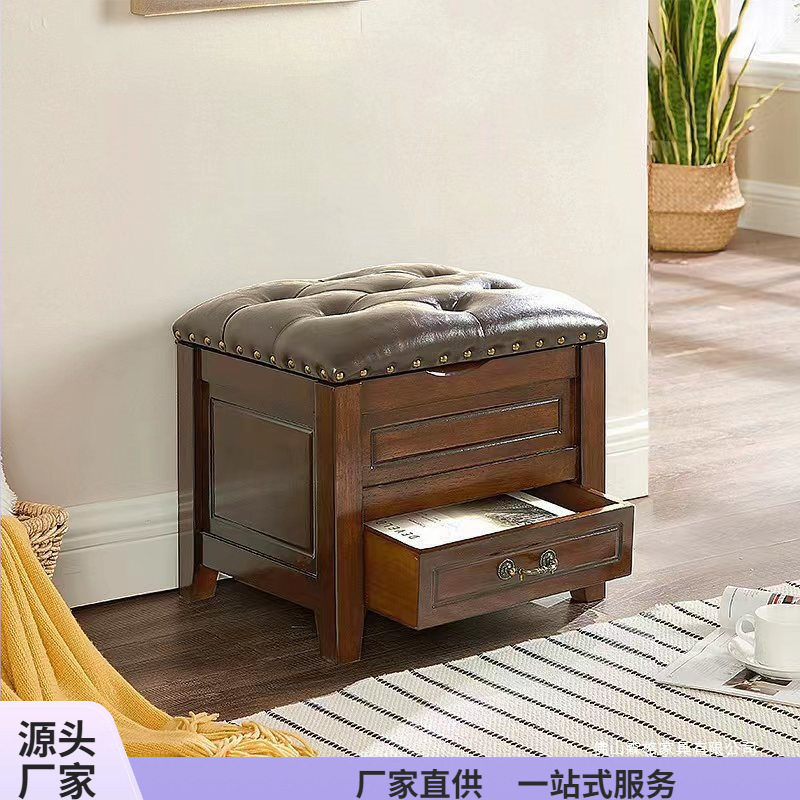 美式家用门口入户换鞋凳全实木客厅收纳储物箱可坐矮凳穿鞋凳