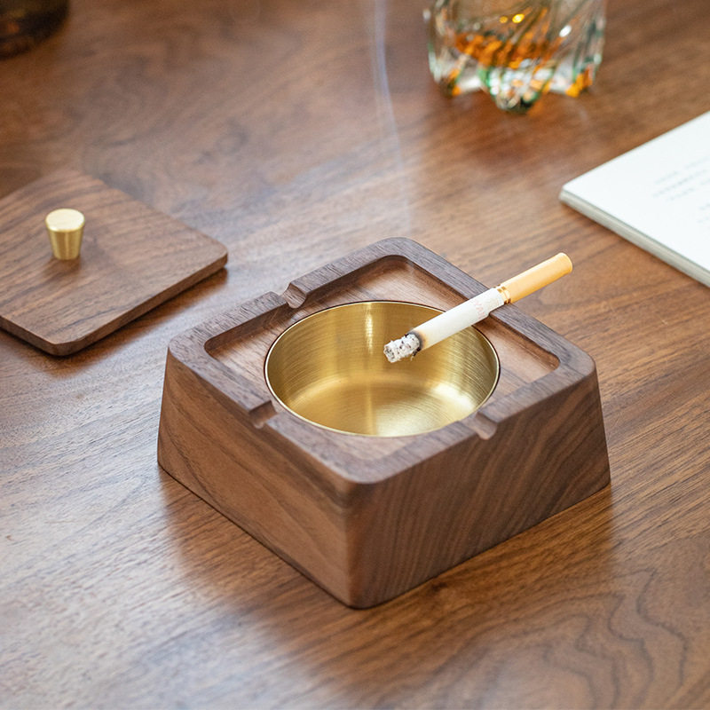 直销新中式木制家用带盖烟灰缸国潮便携创意摆件木质实木烟缸