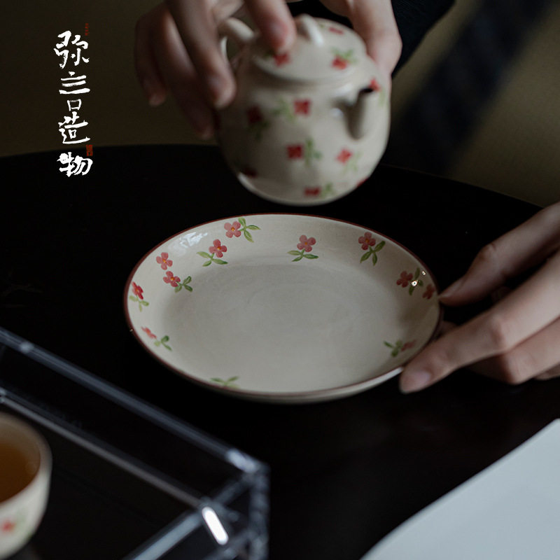 弥言粉引手绘釉下彩壶承日式干泡盘陶瓷小型茶台复古茶点盘点心蝶
