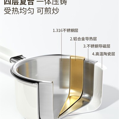 KRKN无涂层316不锈钢陶瓷小奶锅宝宝辅食锅婴儿煎煮一体煮面热奶